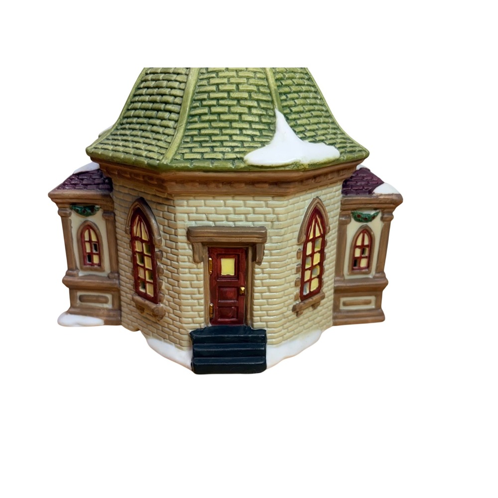 Vintage 1999 Christmas Church Village Building Green Cream Retro Holiday Decor - Picture 7 of 12